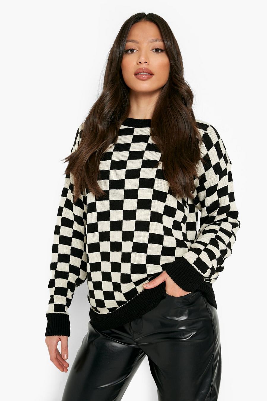 Black Tall Check Print Knitted Oversized Jumper image number 1