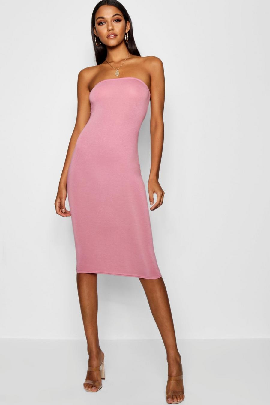 Tall Bandeau Curved Hem Bodycon Dress, Rose pink image number 1