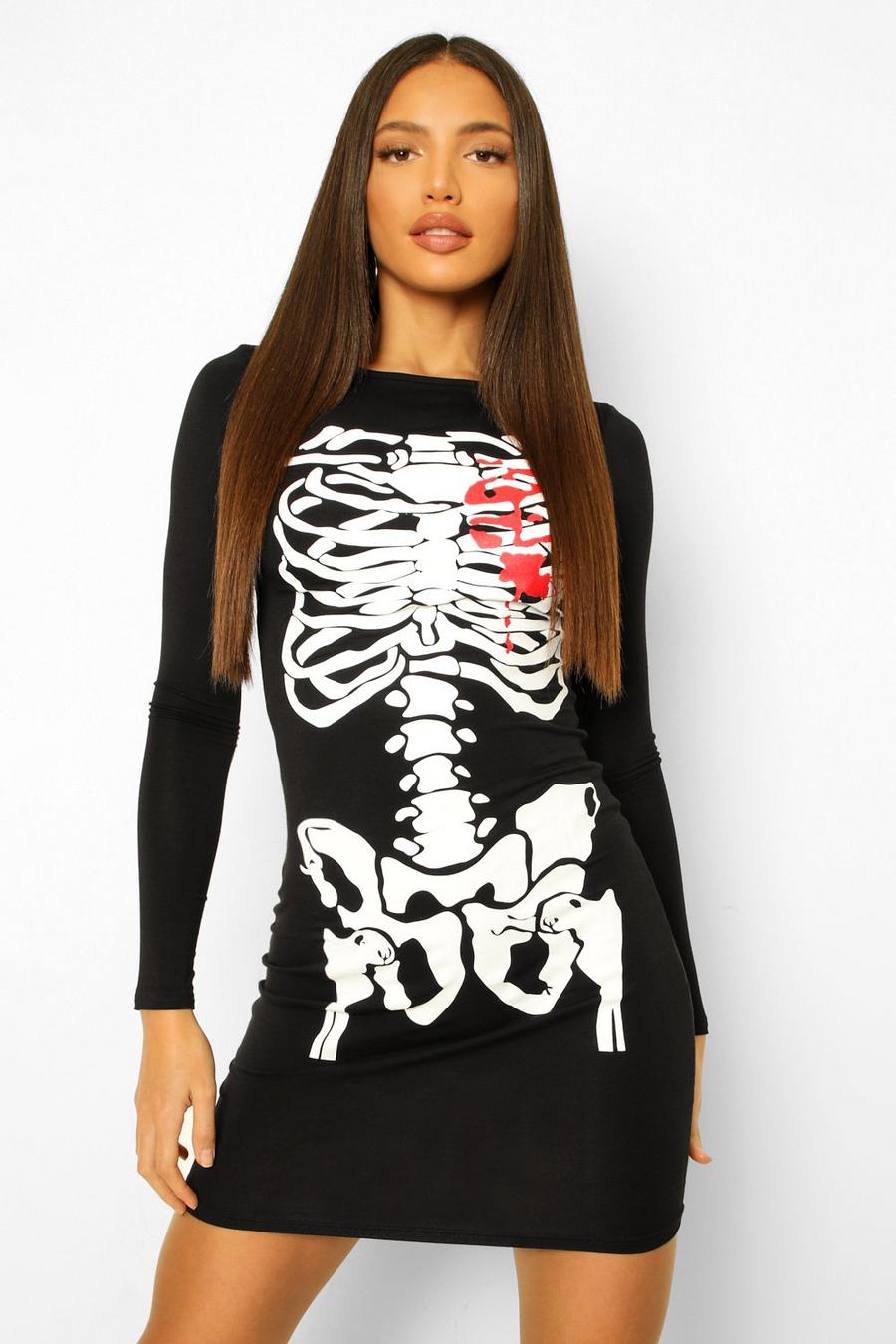 Black svart Tall Halloween Skeleton Burst Heart Bodycon Dress image number 1