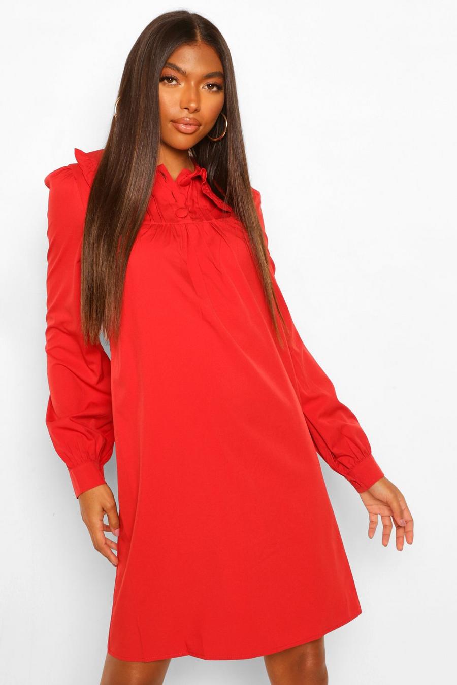 Red Tall Collar and Button Detail Woven Dress image number 1