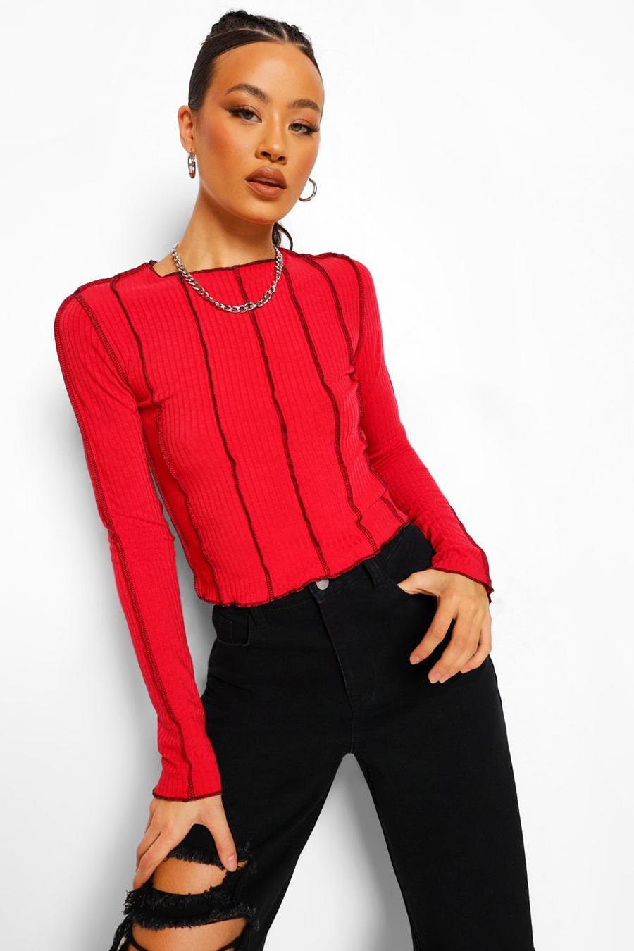 Tall Long Sleeve Top mit Ziernaht, Rot image number 1