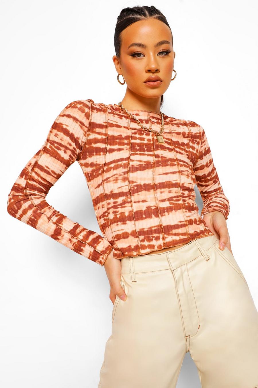 Brown Tall Tie Dye Overlock Stitch Detail Long Sleeve Top image number 1