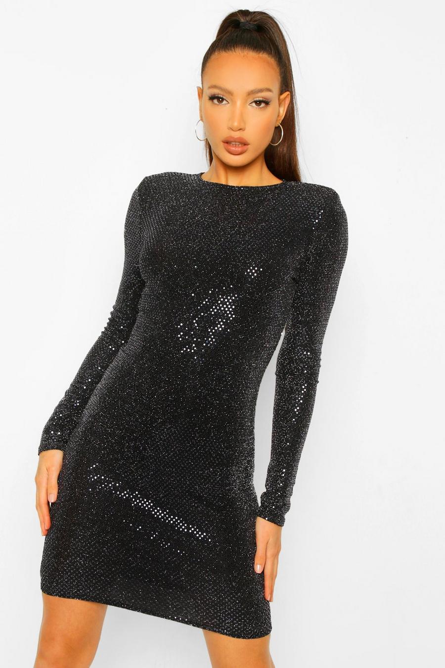 Black Tall Sequin Shoulder Pad Long Sleeve Bodycon Dress image number 1