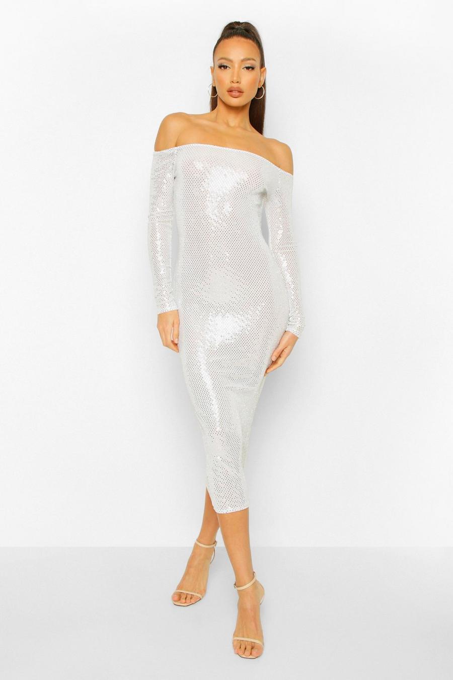 Grey Tall Sequin Square Neck Long Sleeve Bodycon Dress image number 1