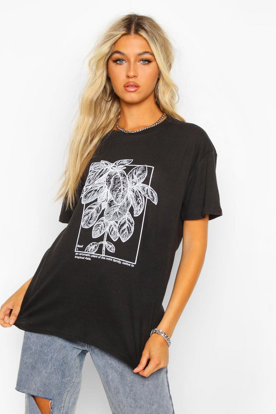 Camiseta larga estampada con diseño de planta de albahaca, Negro image number 1