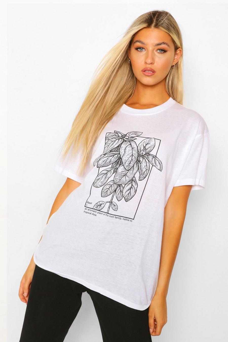 Camiseta larga estampada con diseño de planta de albahaca, Blanco image number 1