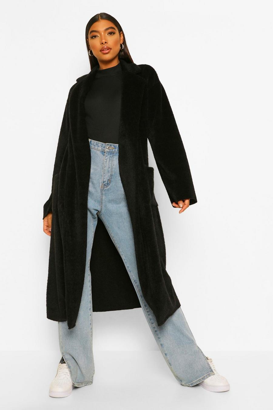 Black Tall Belted Longline Brushed Wool Look Coat image number 1
