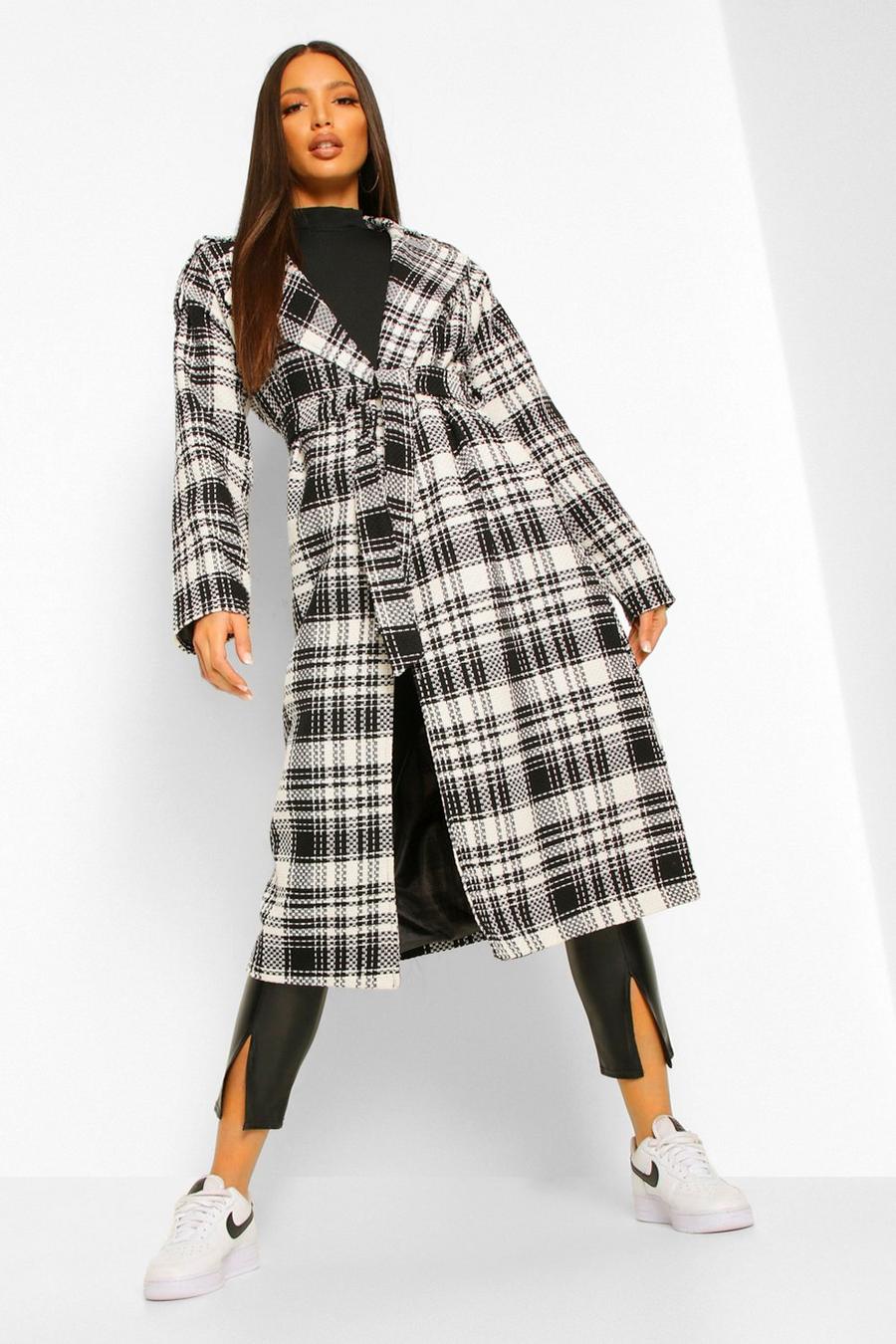 Black Tall Check Oversized Belted Robe Wool Look Coat image number 1