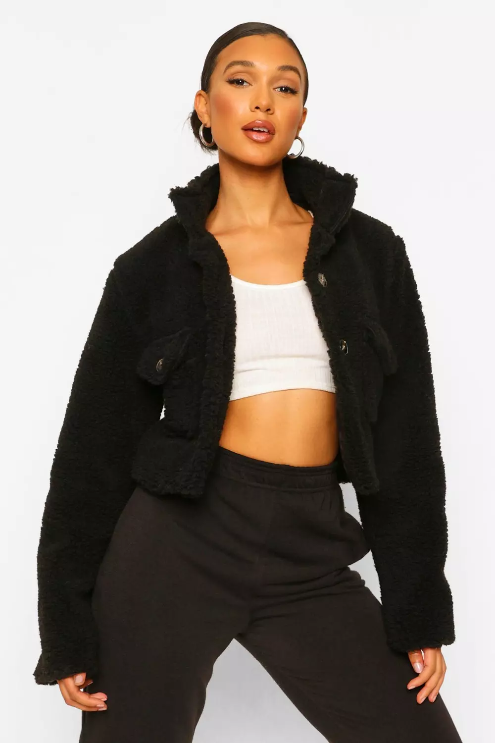Tall Pocket Front Cropped Teddy Jacket