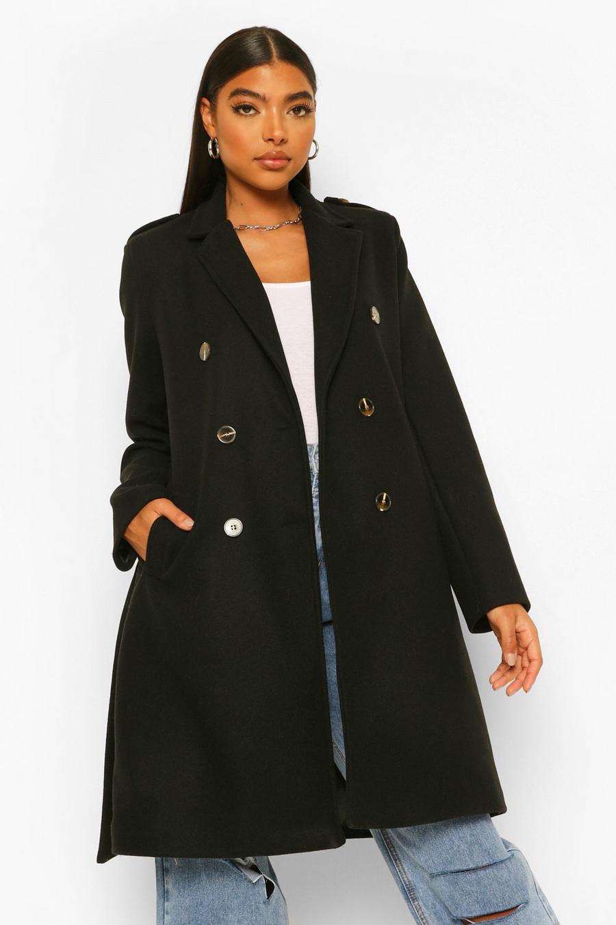 שחור מעיל במראה צמר עם חגורה לנשים גבוהות image number 1