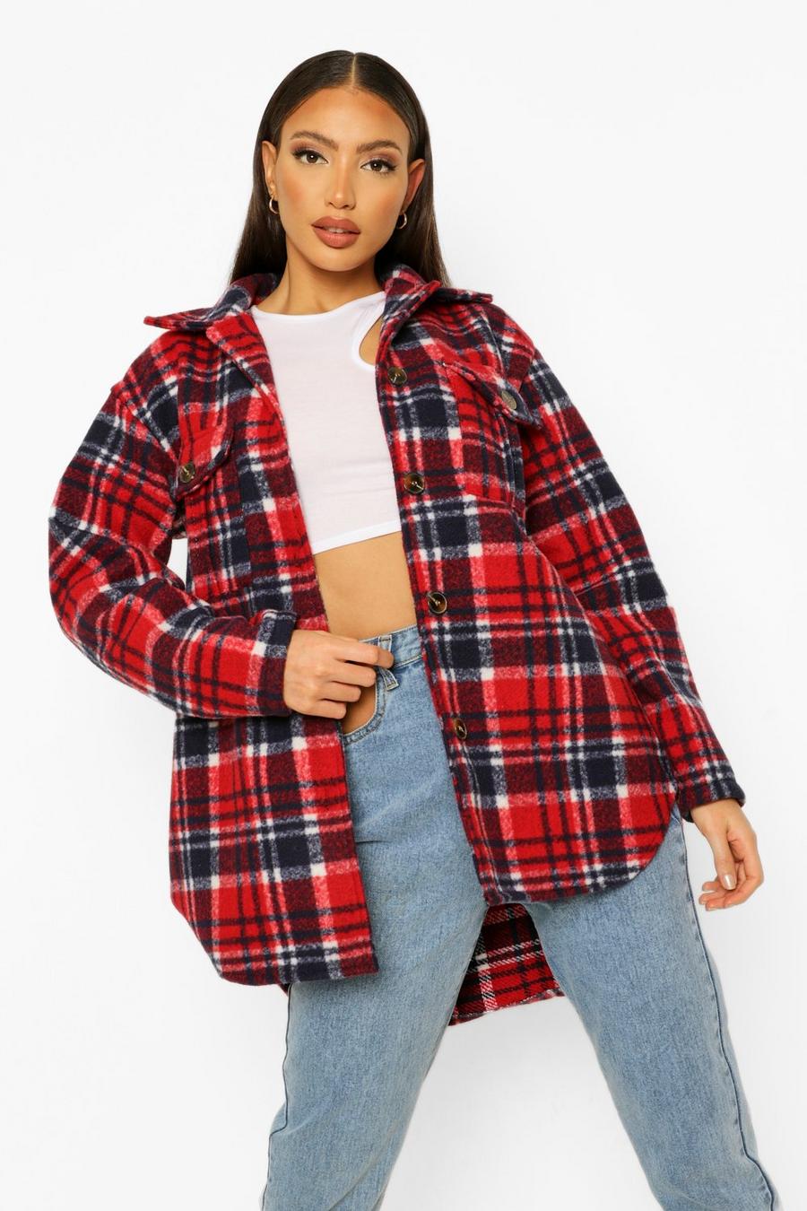 Red Tall Oversized Check Shacket image number 1