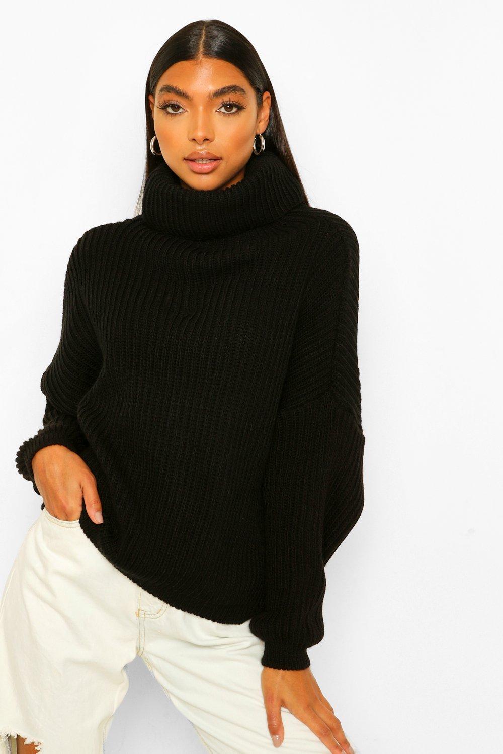 black chunky knit polo neck