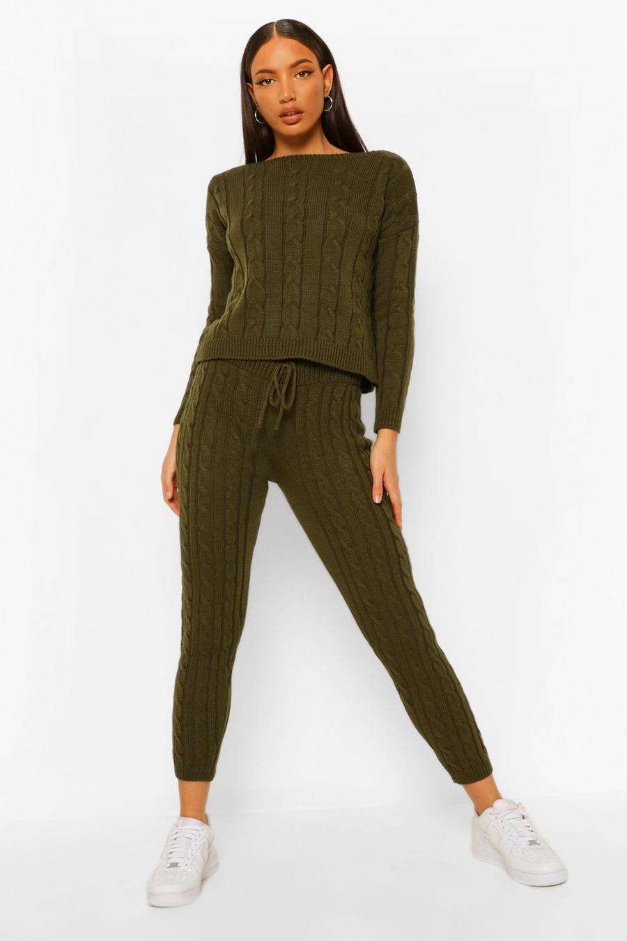 Khaki Tall Cable Knit Track Pants image number 1