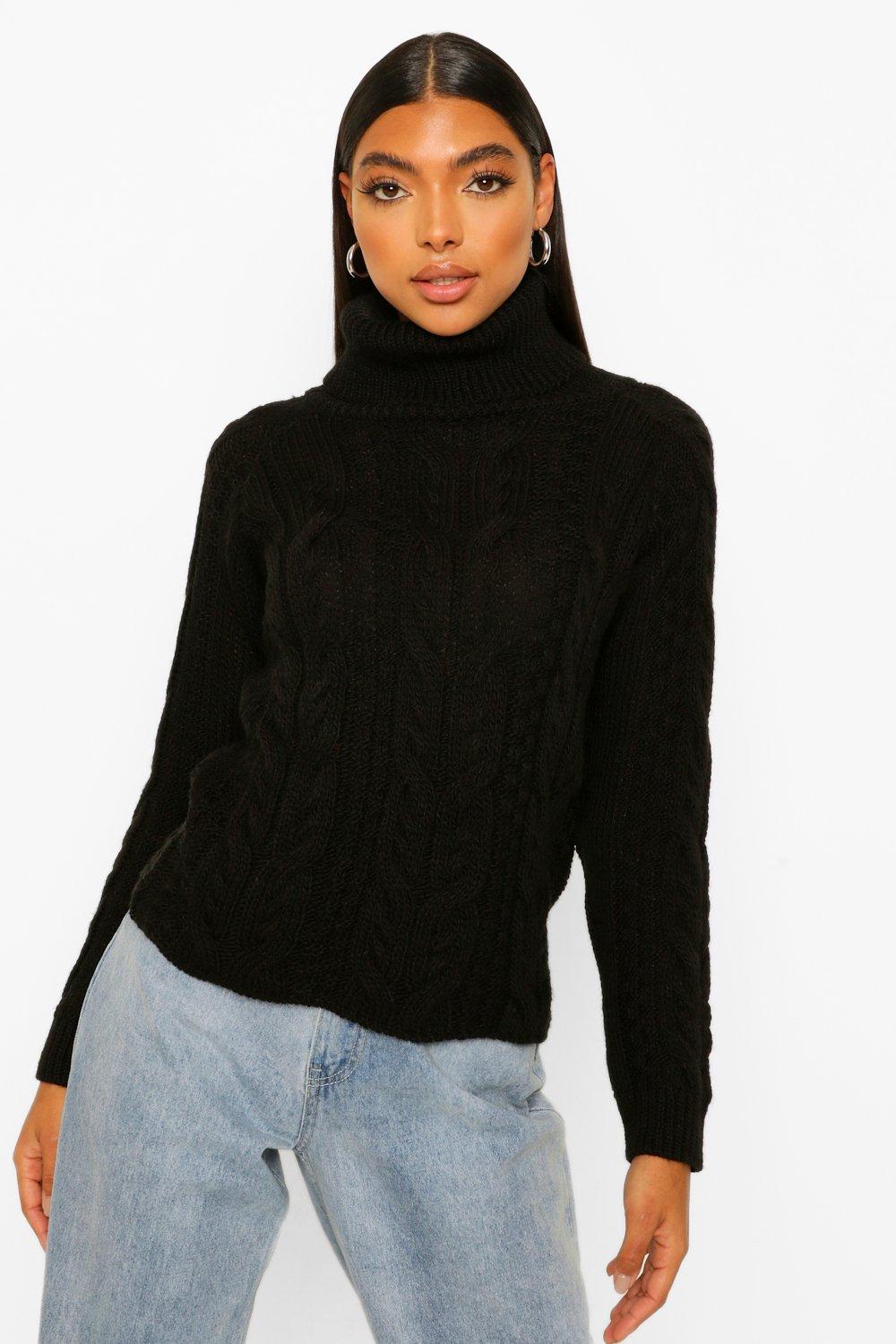 black cable knit roll neck