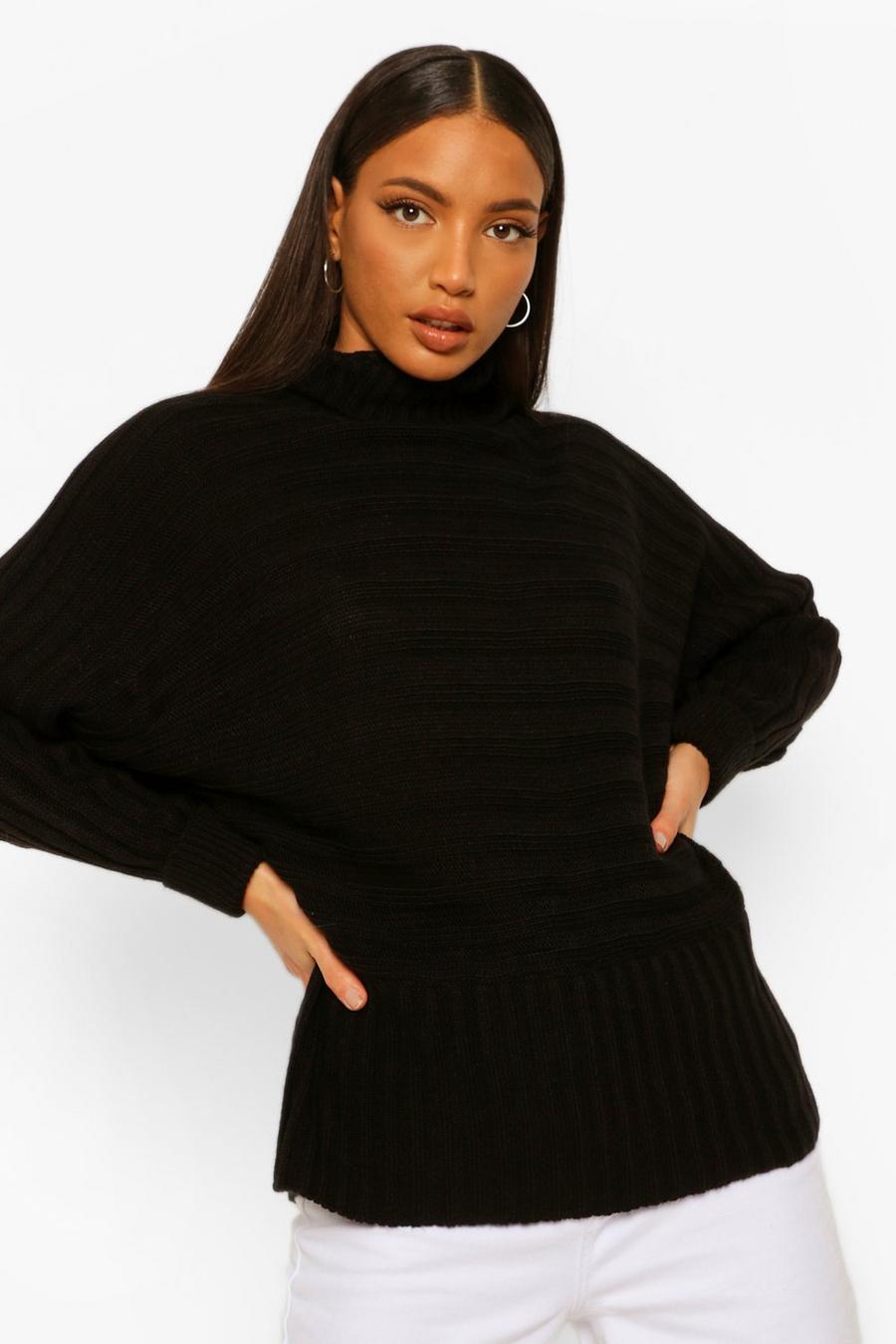 Black Tall Roll Neck Chunky Stripe Knitted Jumper image number 1