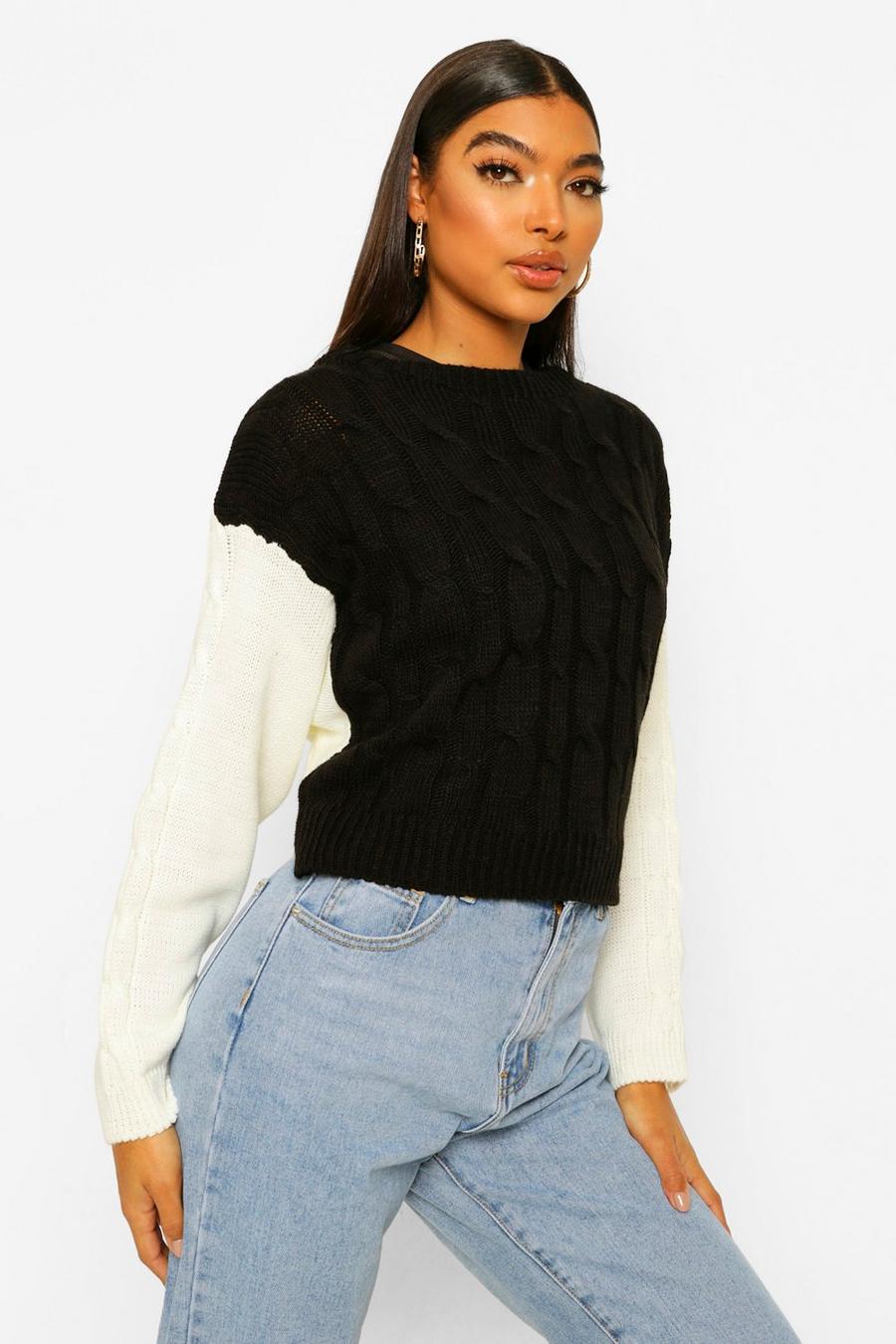 שחור סוודר בסריגת צמה קולור בלוק לנשים גבוהות image number 1