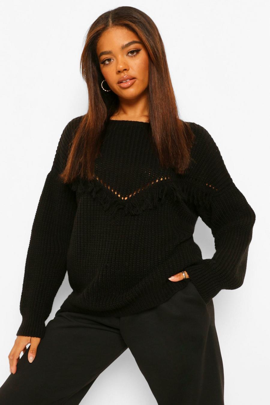 שחור סוודר עם פרנזים בחזית לנשים גבוהות image number 1
