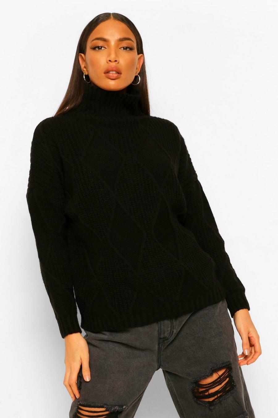 שחור סוודר סרוג בדוגמת מעוינים עם צווארון נגלל לנשים גבוהות image number 1
