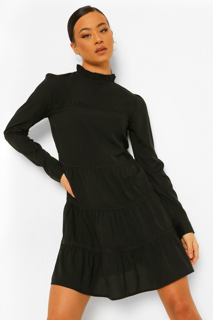 Tall Langärmliges, gestuftes Mini-Kleid aus Webmaterial, Schwarz image number 1