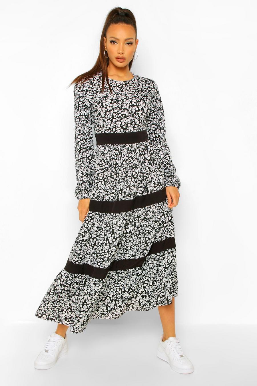 Black Tall Woven Ditsy Floral Midi Dress image number 1