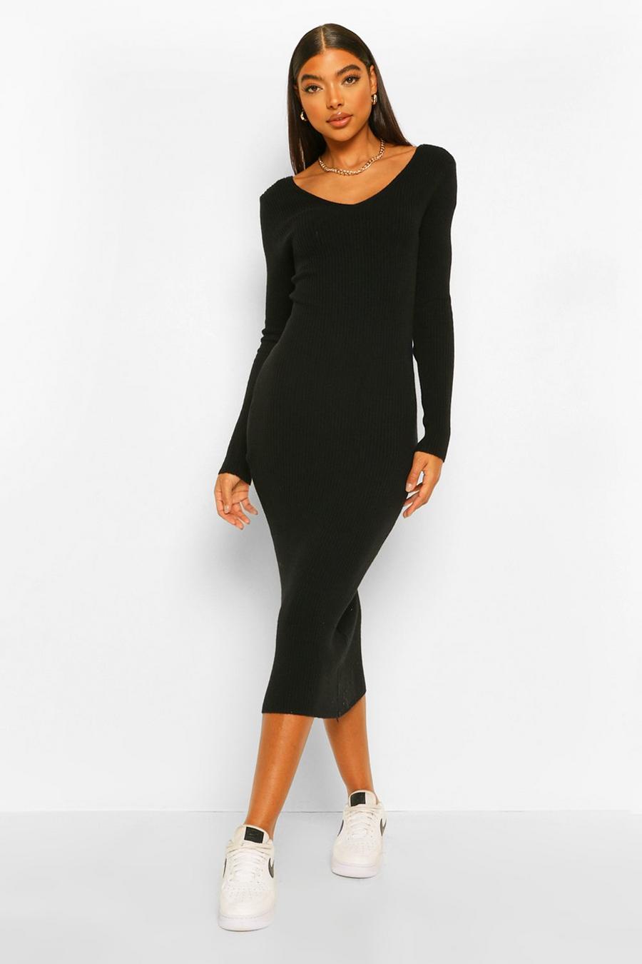 Black Tall Premium Rib V-Neck Knitted Dress image number 1