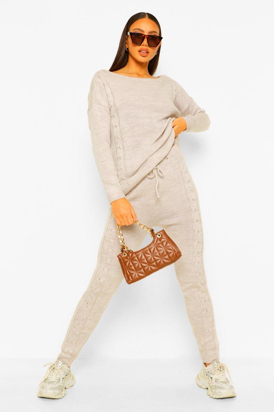 Stone Tall Knitted Jogger Co-Ord image number 1