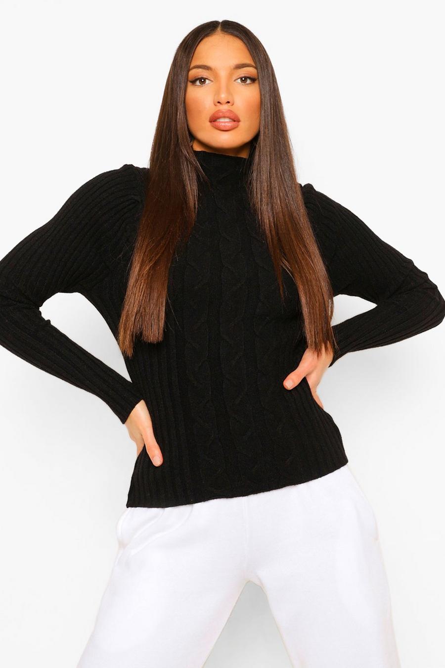 Black Tall Cable Knit Volume Sleeve Jumper image number 1