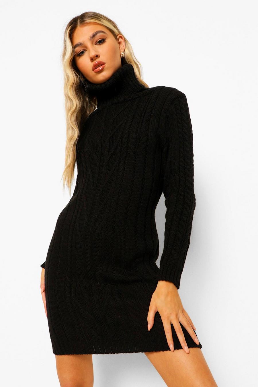 Black Tall Cable Knit Roll Neck Dress image number 1