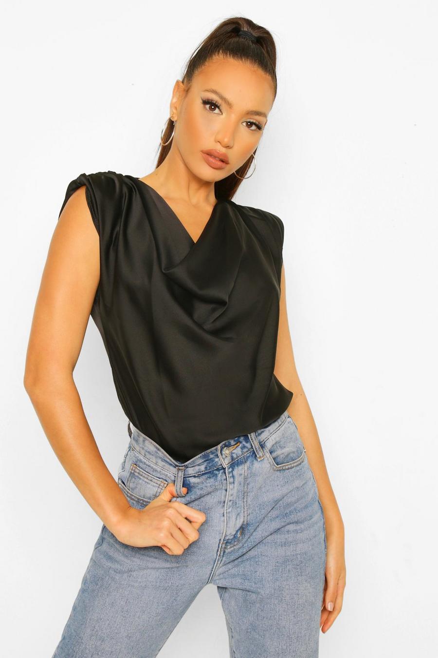 Black Tall Satin Cowl Neck Top image number 1
