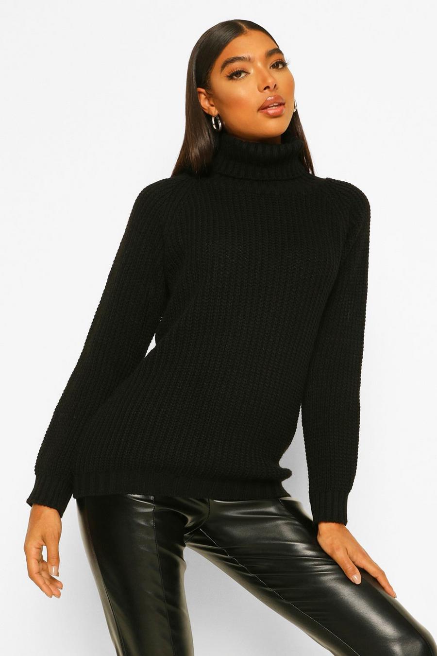 Black Tall Roll Neck Chunky Knitted Jumper image number 1