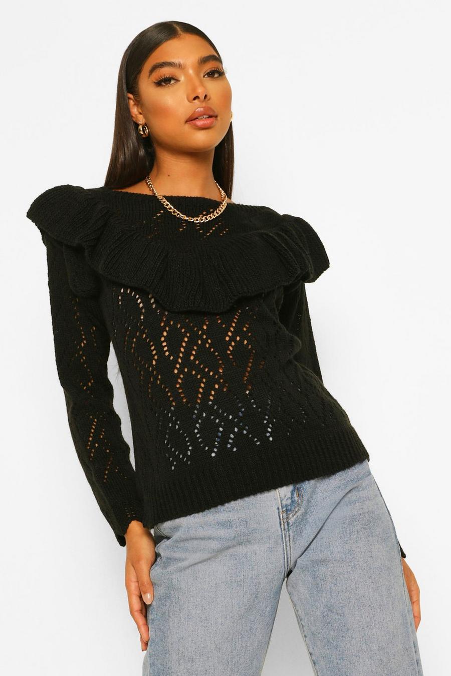 Black Tall Pointelle Ruffle Front Jumper image number 1