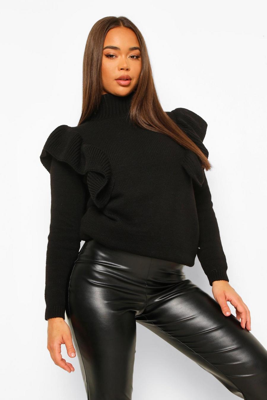 Black Tall Roll Neck Ruffle Detail Jumper image number 1