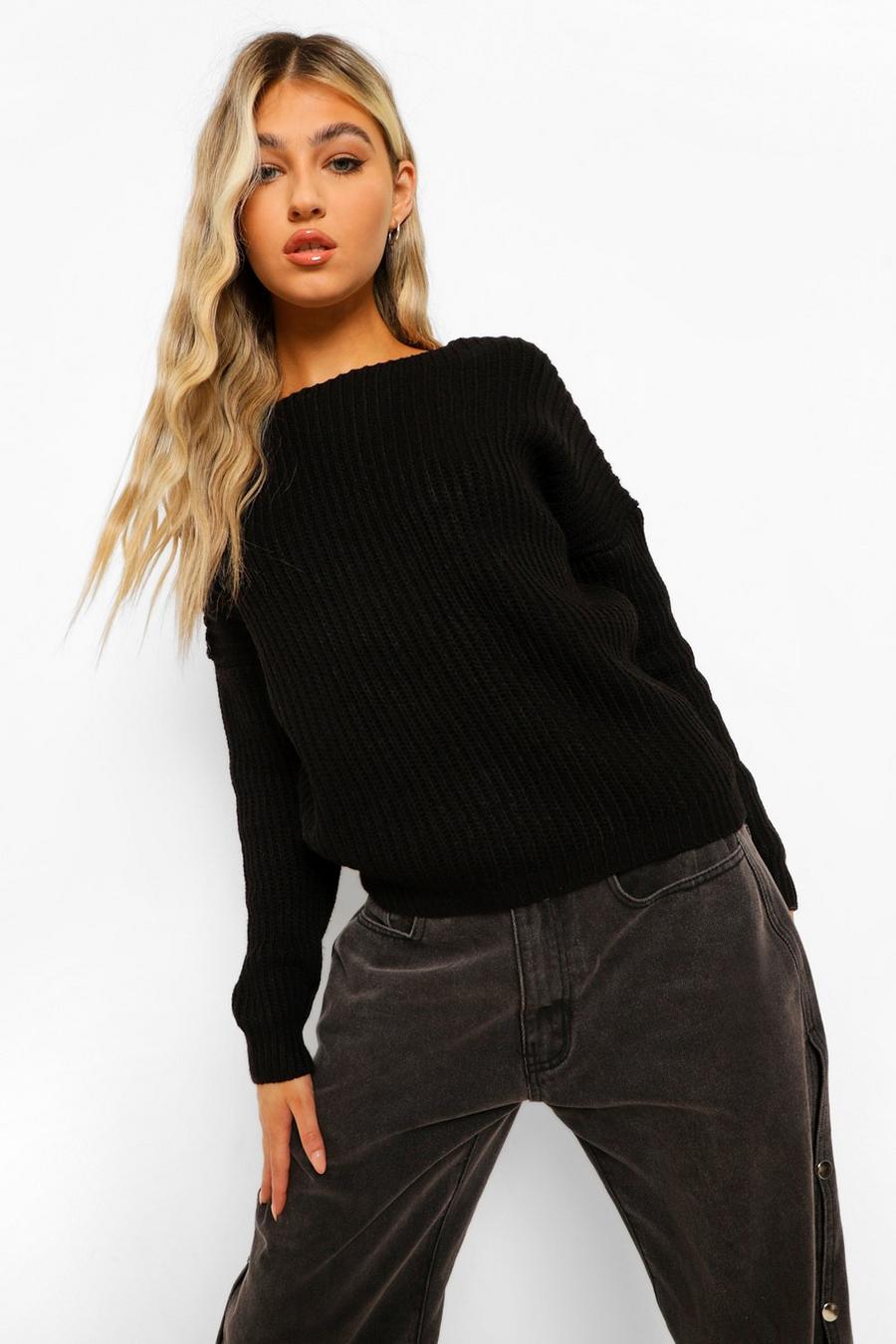 Black Tall Lace Trim Chunky Knit V-Neck Back Sweater image number 1