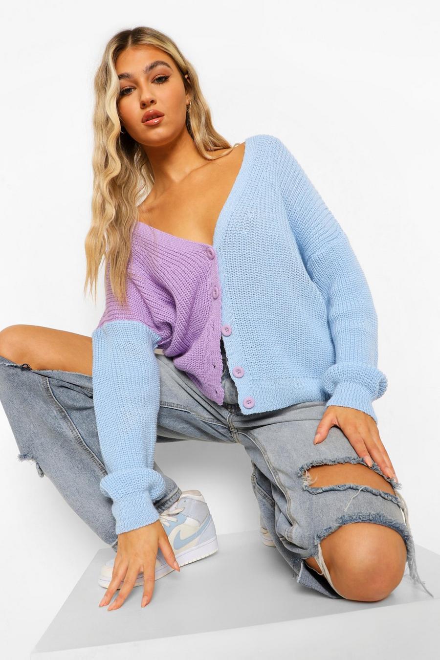 Lilac Tall Color Block Cropped Cardigan image number 1