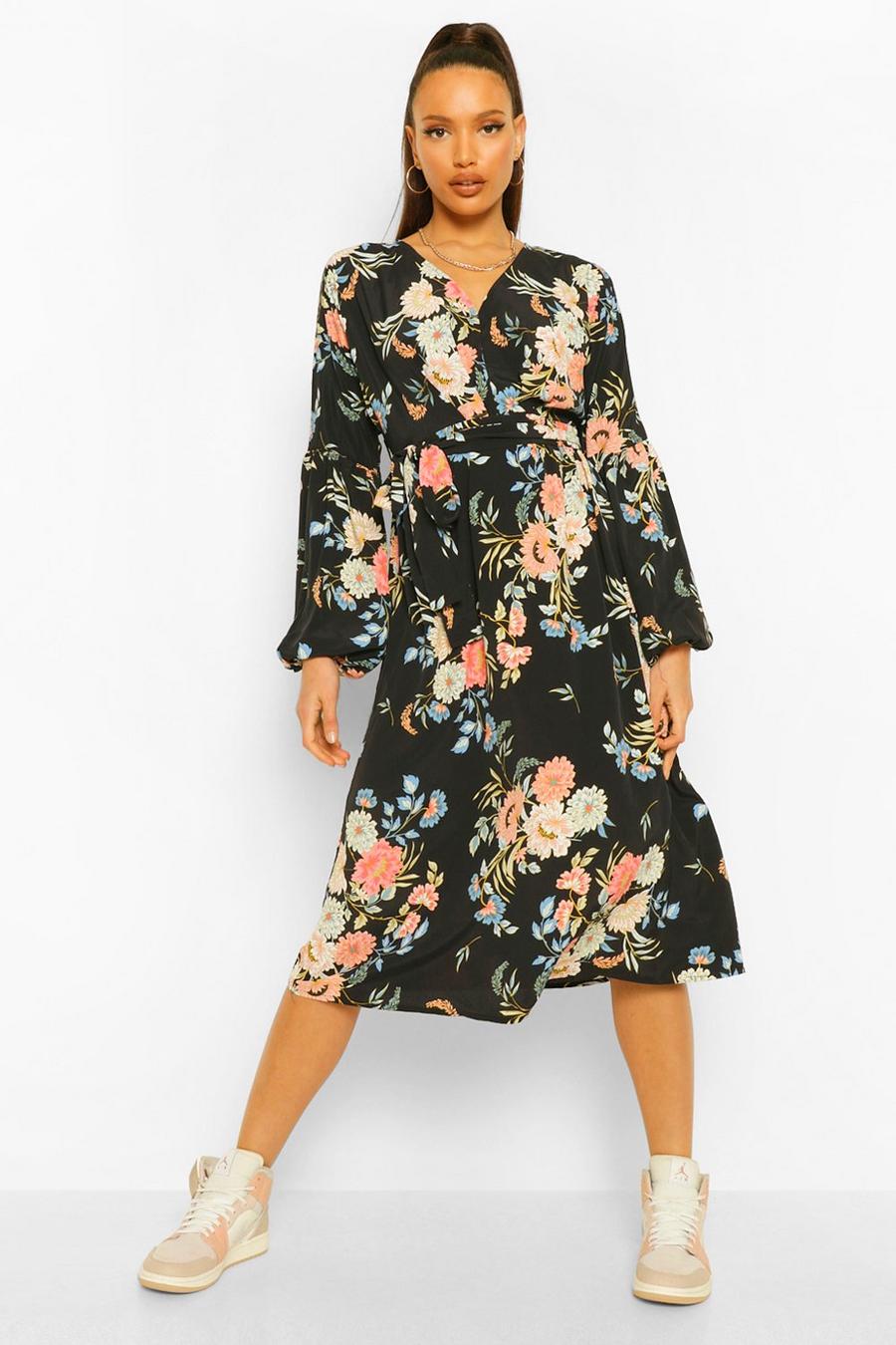 Black Tall Woven Floral Midi Dress image number 1