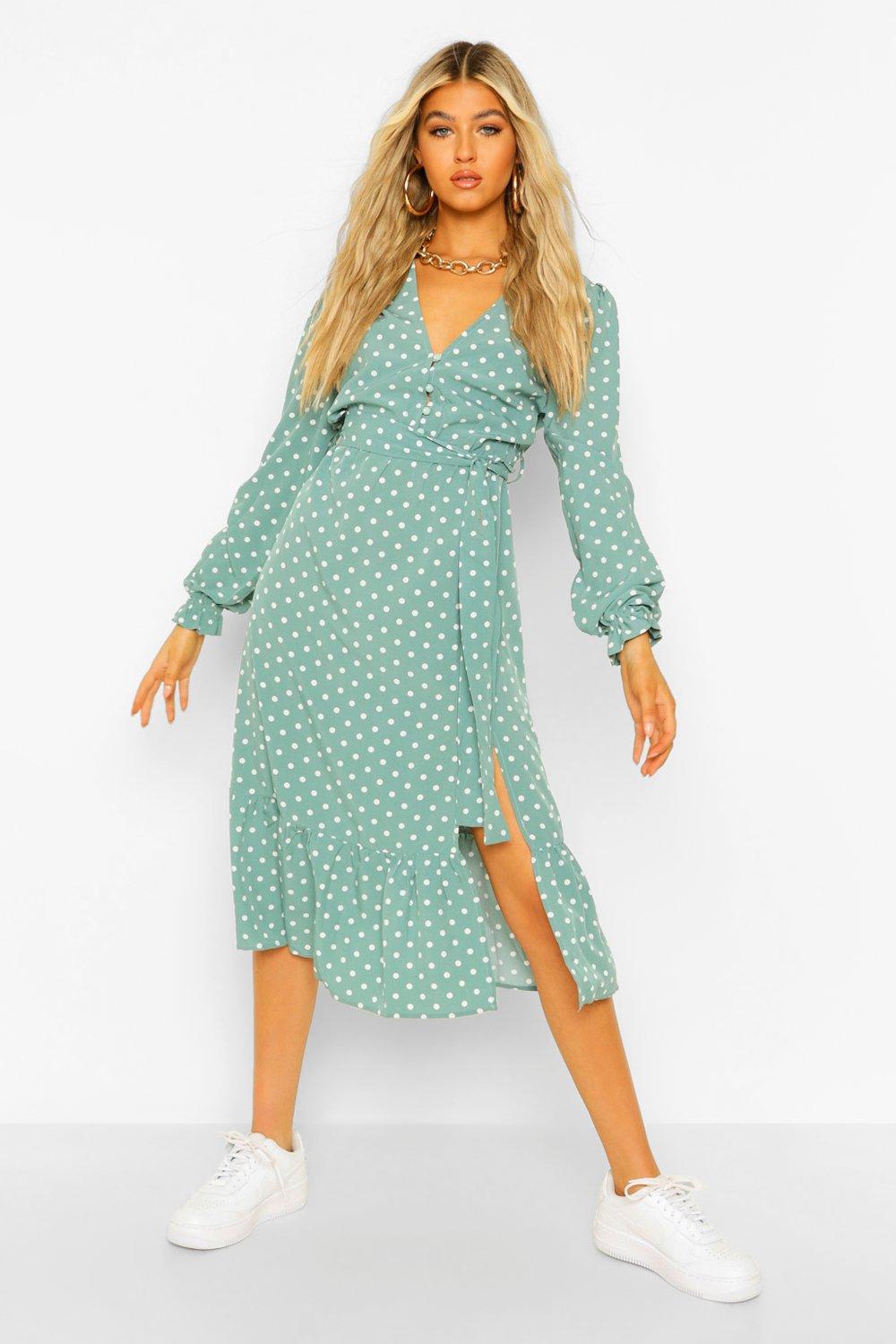 boohoo green polka dot dress