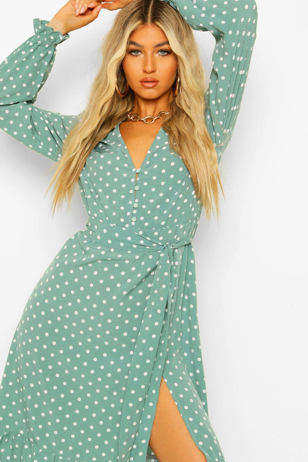 boohoo green polka dot dress