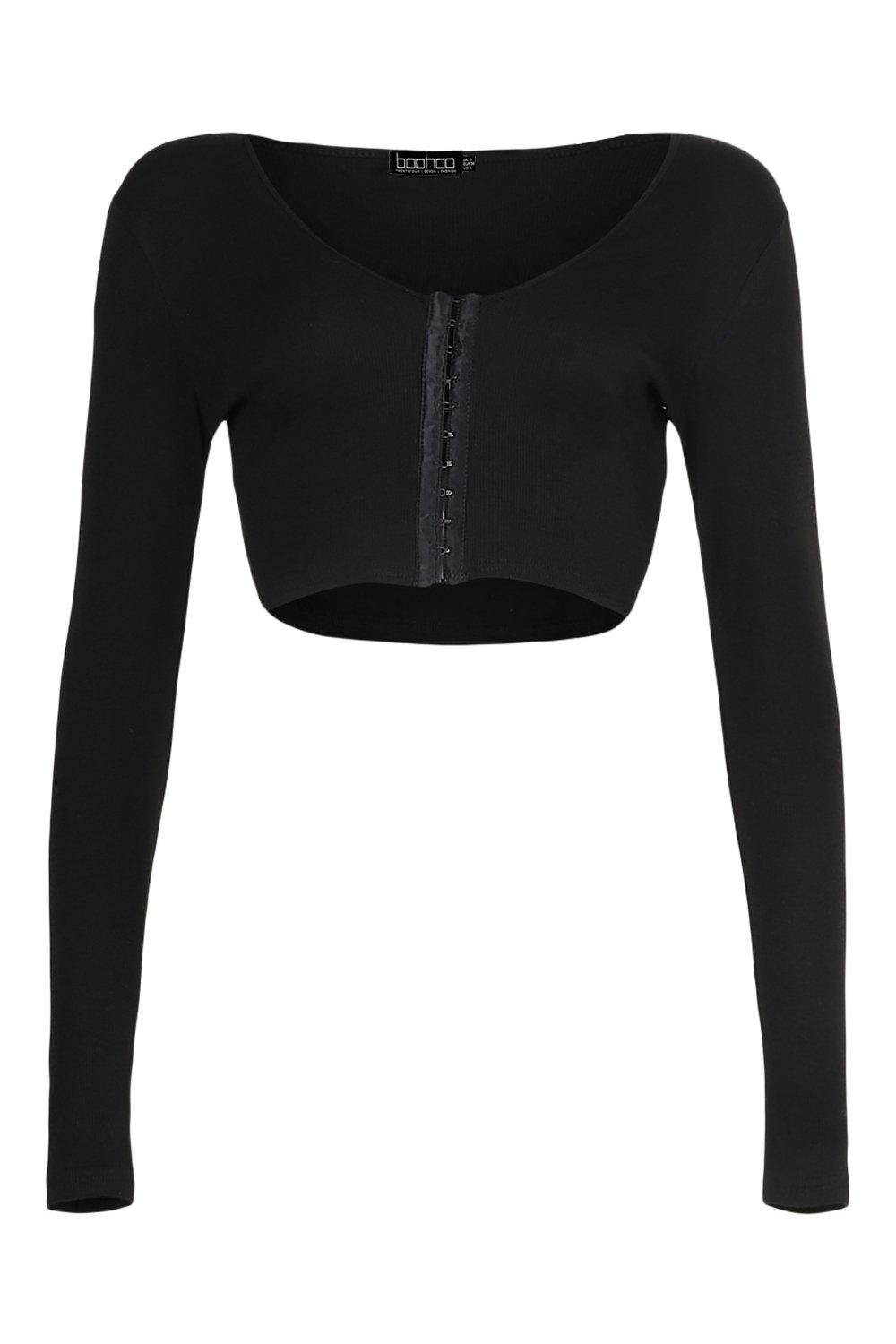 Black Hook & Eye Ribbed Long Sleeve Crop Top 