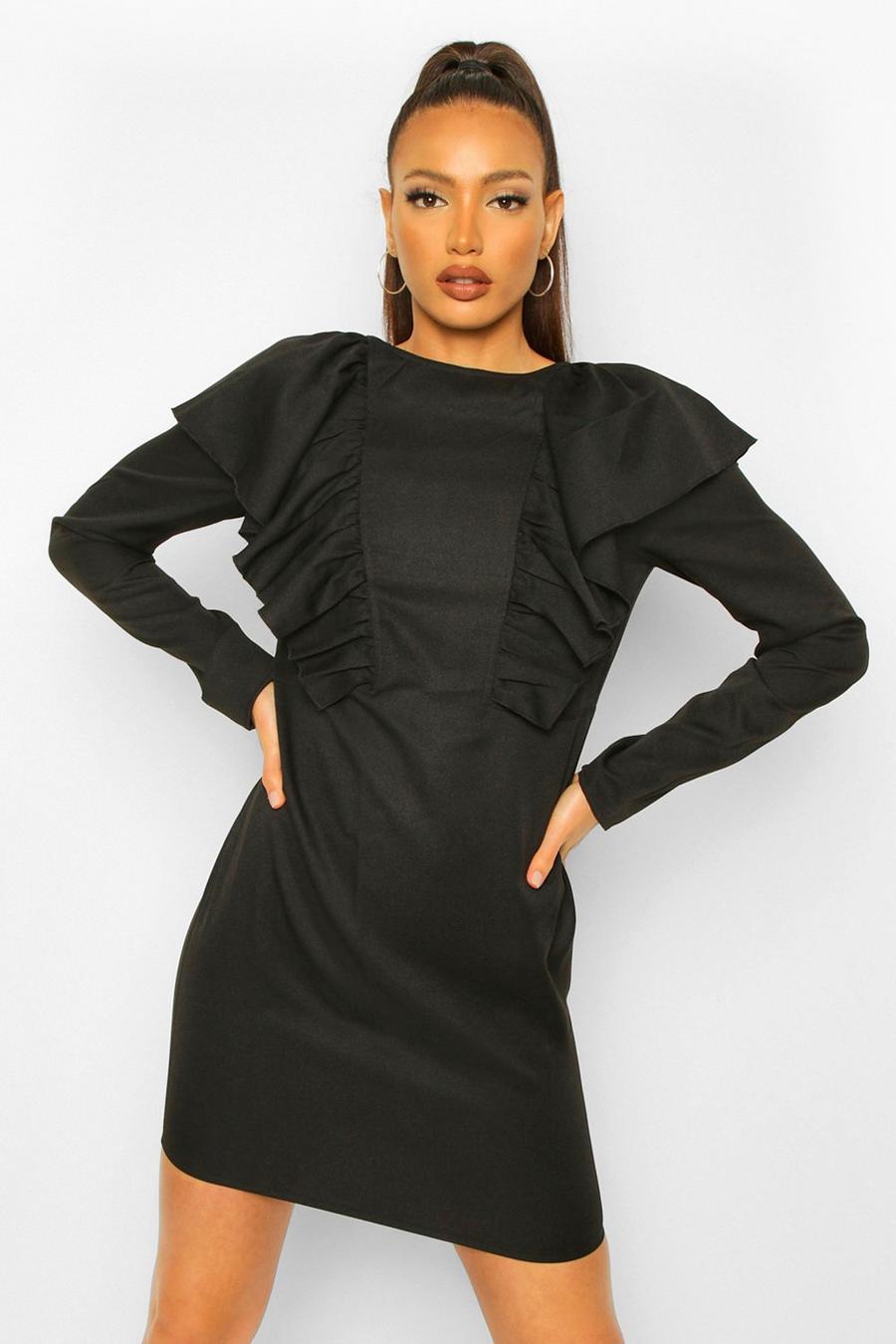 Black Tall Ruffle Long Sleeve Woven Mini Dress image number 1