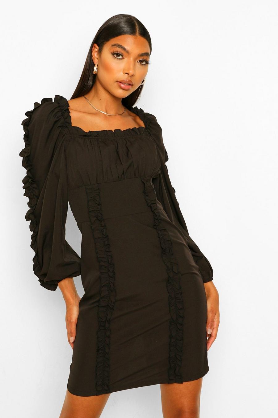 Black Tall Ruffle Long Sleeve Woven Bodycon Dress image number 1