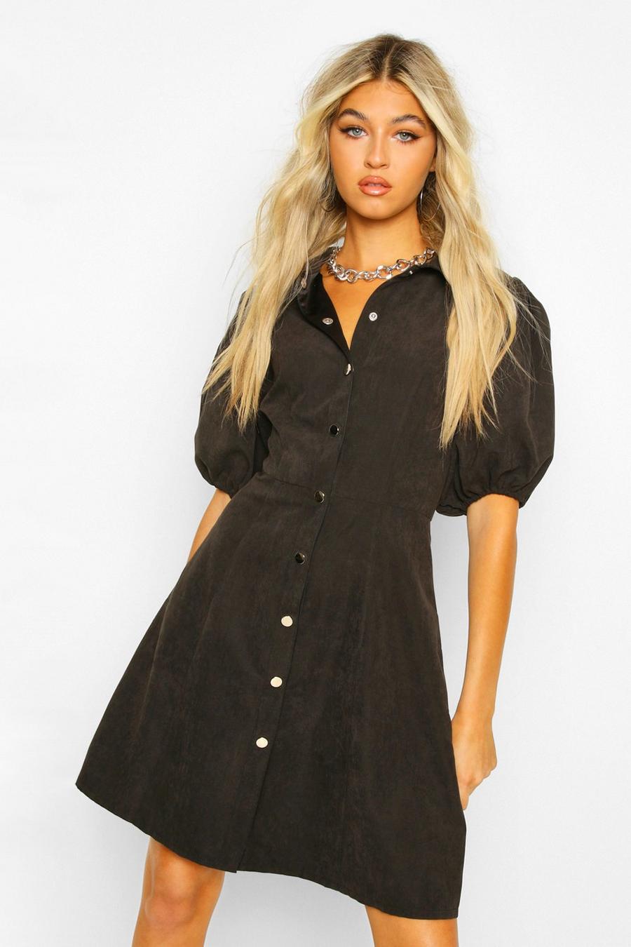 Tall - Robe patineuse en faux daim avec manches bouffantes, Black image number 1