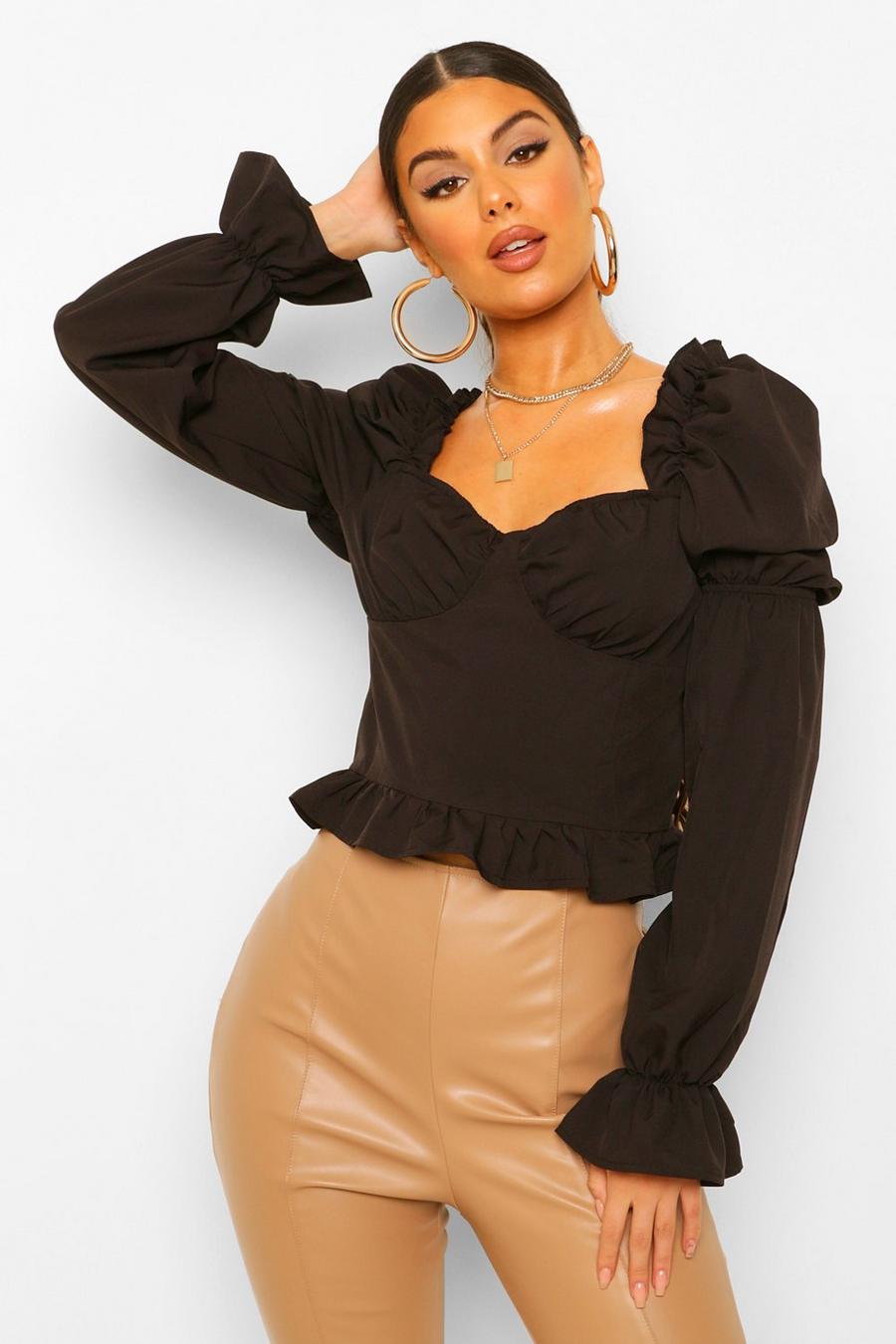 Black Tall Woven Ruffle Sweetheart Neck Blouse image number 1