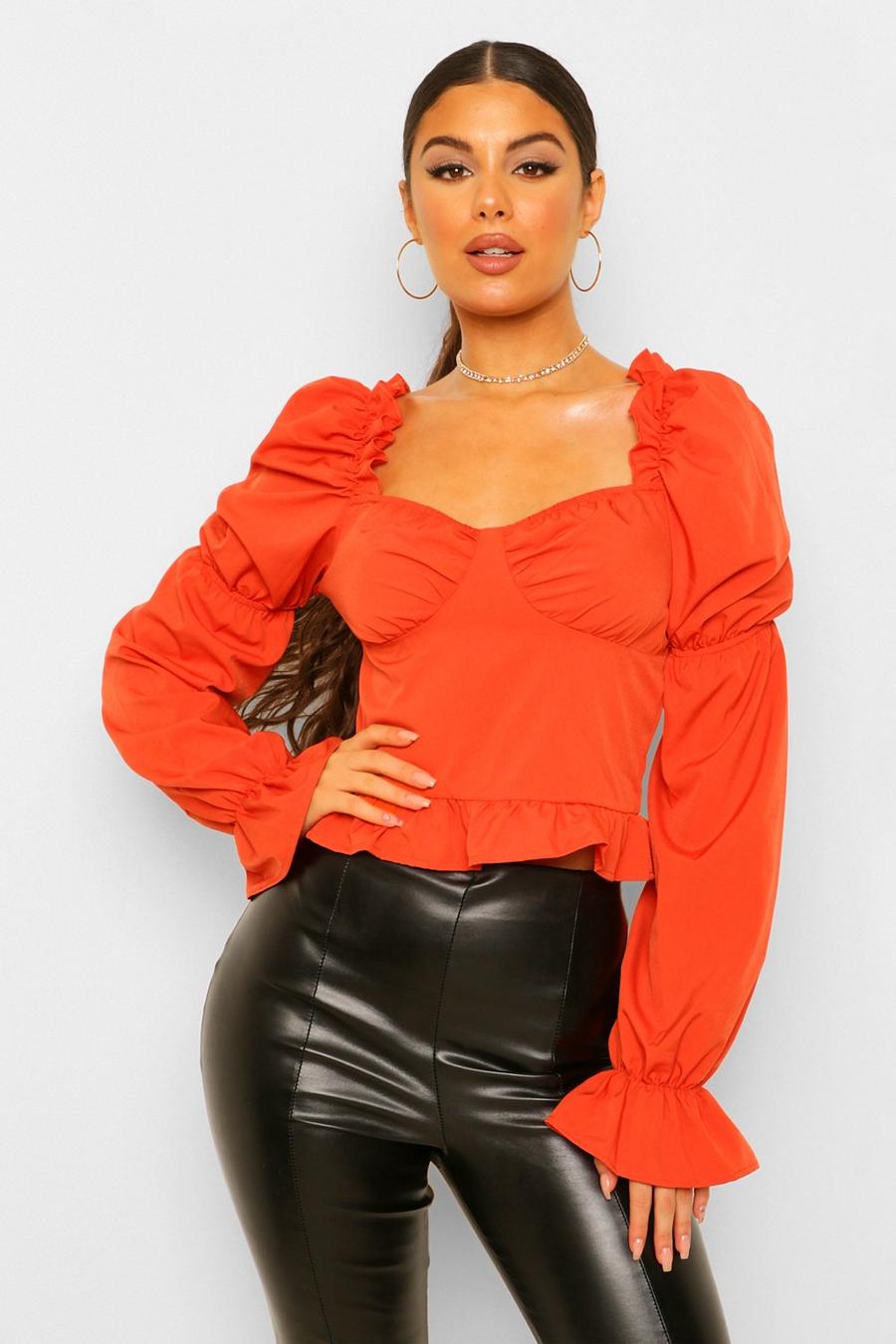 Rust Tall Woven Ruffle Sweetheart Neck Blouse image number 1