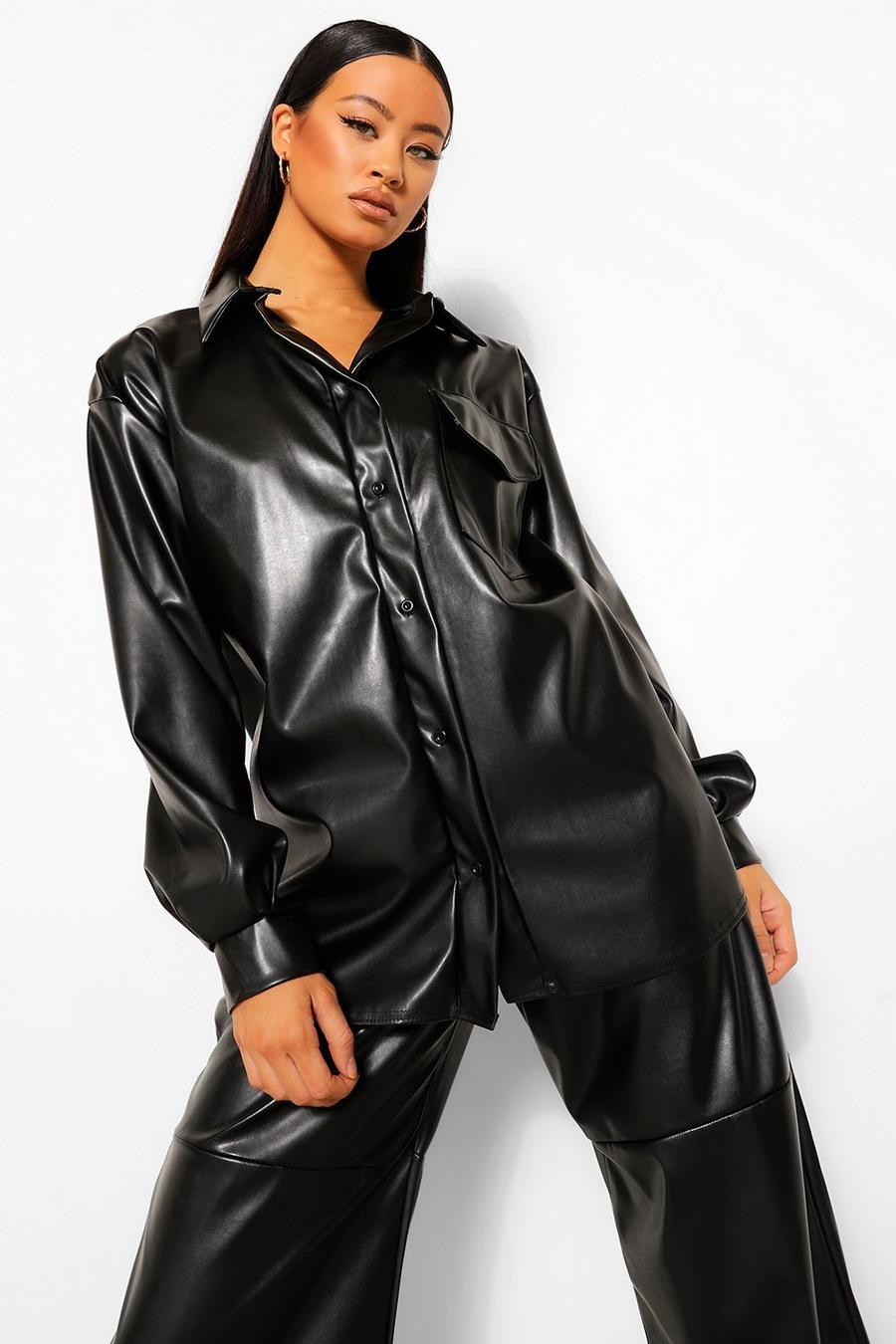 Black Tall Pu Faux Leather Oversized Shirt image number 1
