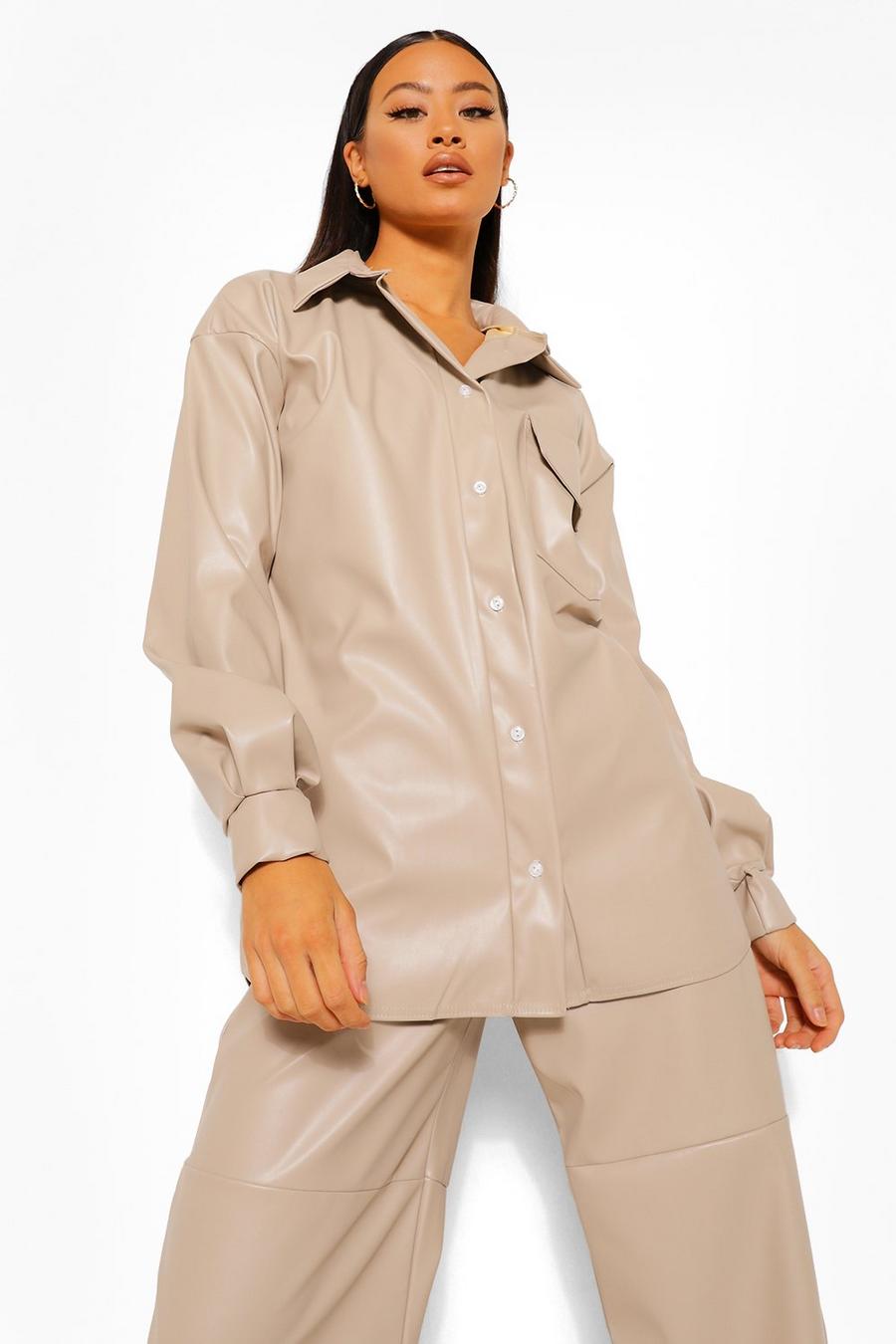 Ecru Tall Pu Faux Leather Oversized Shirt image number 1