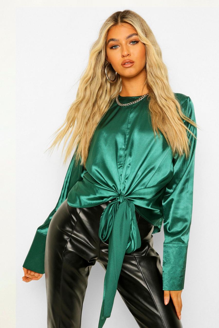 Emerald Tall Satin Tie Front Bow Detail Blouse image number 1