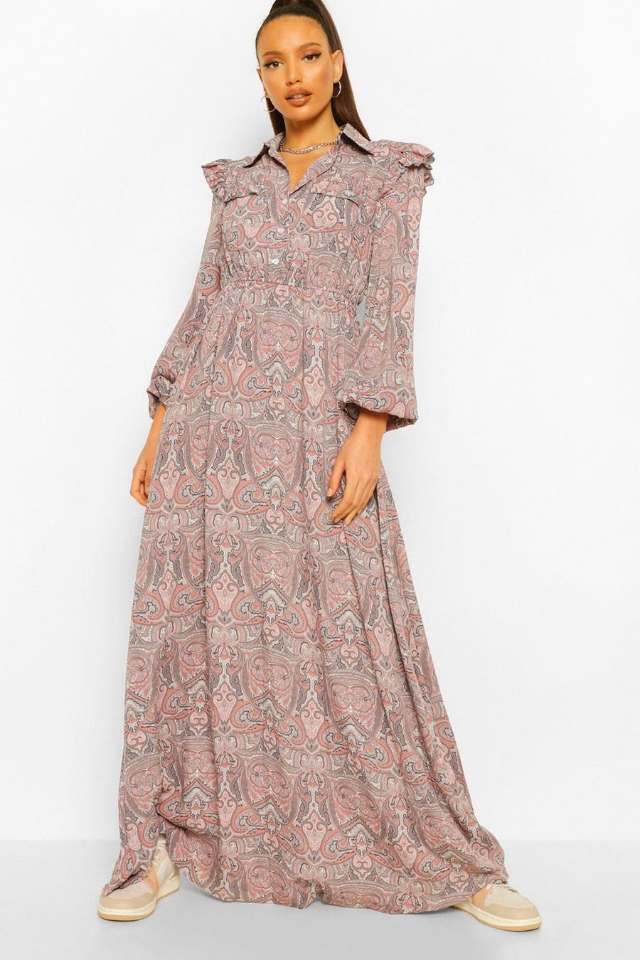 שמלת מקסי בהדפס פייזלי עם שרוולים ארוכים ומלמלה לנשים גבוהות image number 1