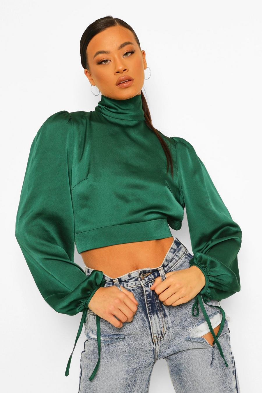 Emerald Tall Open Back Satin High Neck Crop Top image number 1