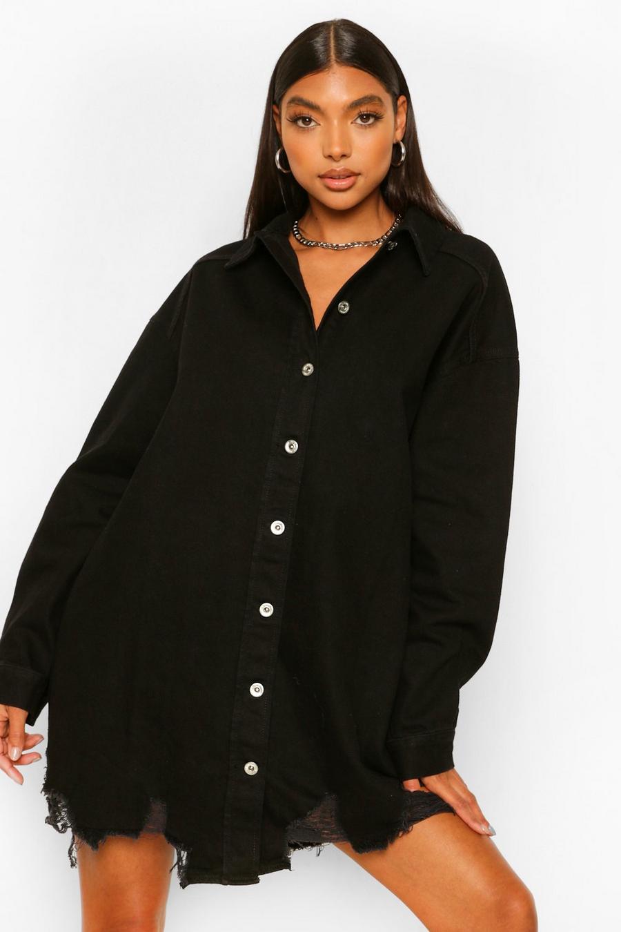 Zwart Tall Oversized Spijkerblouse Met Versleten Zoom image number 1
