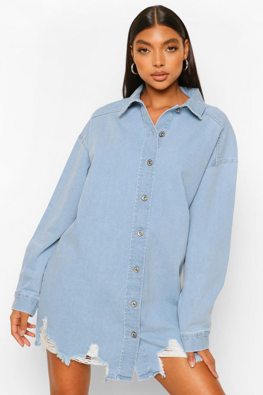 כחול ביניים חולצת אוברסייז מבד ג'ינס עם מכפלת עם קרעים לנשים גבוהות image number 1